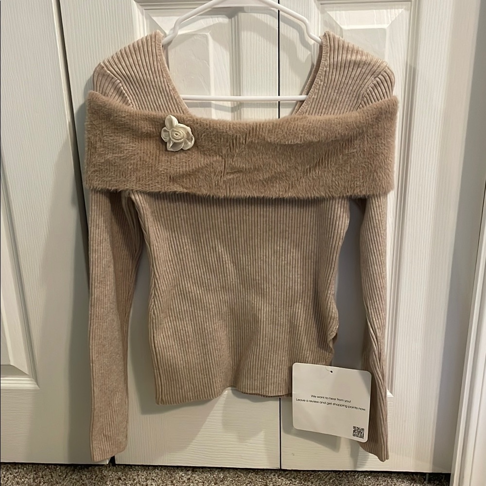 Chicwish Tan Off-the-Shoulder Sweater with Long Sleeves